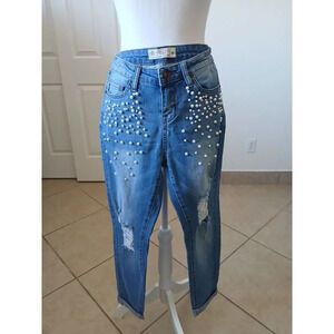 ANGEL KISS JEANS Womens Cropped Blue Denim Faux Pearls Pants Size 5